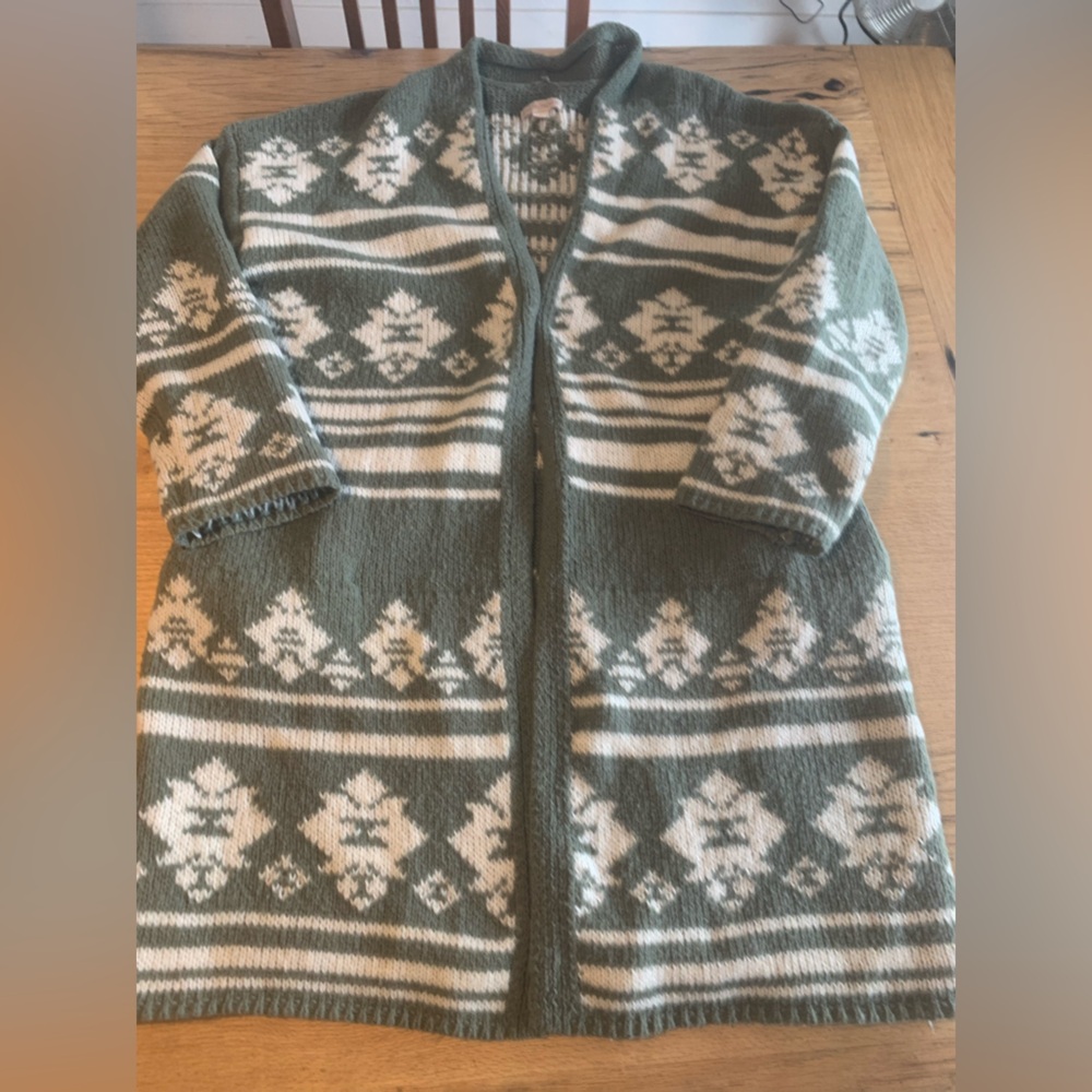 Knox Rose Aztec Print Long Sleeve Duster Sweater Green White Women’s M Preloved‎